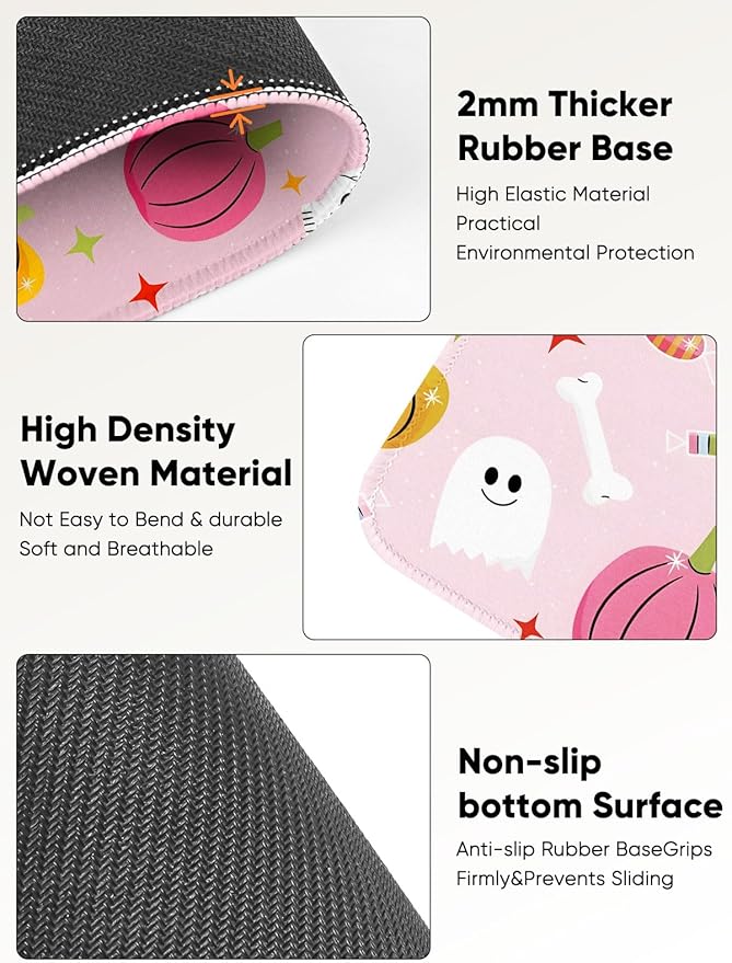 Seorsok Cute Fall Autumn Pumpkin Mouse Mat,Skeleton Skull Decor Mouse Pads for Office Laptop,Washable Square Mousepads with Extended Stitched Edges Non Slip Rubber Base 9.5"x7.8"x0.12" Inch,Pink