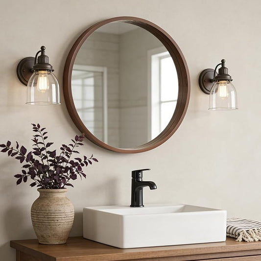 WallBeyond 24 Inch Round Wood Mirror, Circle Wooden Frame Wall Mirror for Bathroom, Living Room, Bedroom, Entryway (Walnut)