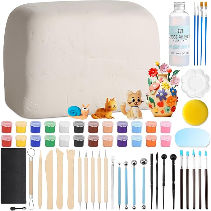 Natural Air-Dry Clay, 8 LBs Pottery Clay with 100ML Glaze Gloss Clay Varnish Protects and 27 PCS Pottery Tools Sculpting Tool Set, Air-Dry Clay Kit for Adults Beginner DIY Craft Gift