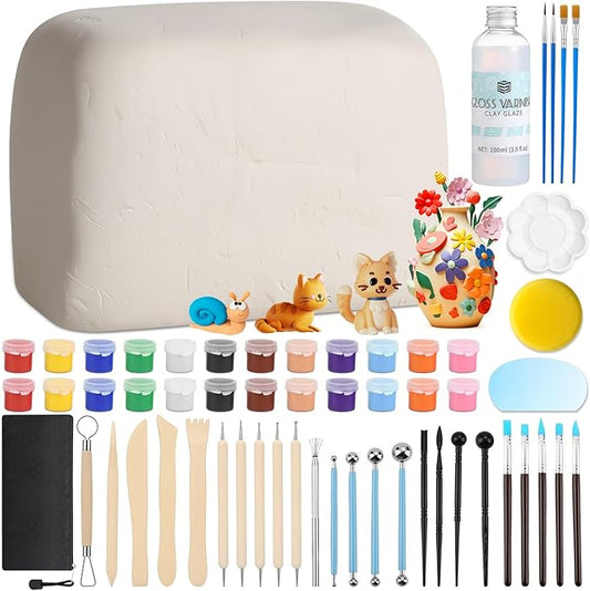 Natural Air-Dry Clay, 8 LBs Pottery Clay with 100ML Glaze Gloss Clay Varnish Protects and 27 PCS Pottery Tools Sculpting Tool Set, Air-Dry Clay Kit for Adults Beginner DIY Craft Gift
