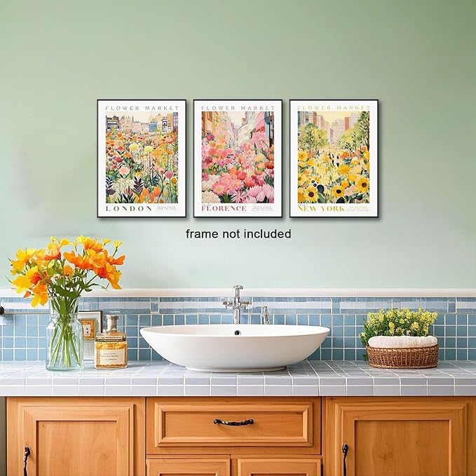 XLARTMY Flower Market Wall Art Print Canvas Yellow Pink Floral Paintings Colorful Botanical Sunflower Artwork Travel Poster for Decor Picture 3 pieces for Living Room Bedroom Bathroom 12x16in Unframed