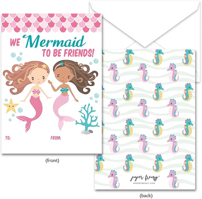 Paper Frenzy Mermaid Themed Valentine Cards WITH ENVELOPES - 25 Pack