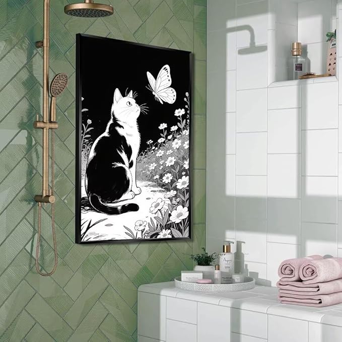Cats Butterflies in Flowers Canvas Poster Vintage Minimalist Nature Wall Art Trendy Black White Aesthetic Painting Prints Modern Animal Home Decor for Bedroom Living Room 12x16inch Metal Black Framed