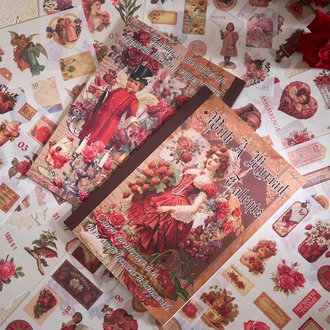 Vintage Stickers for Scrapbooking, Junk Journal - 24 Sheets Washi Sticker, Victorian Journal Stickers Book for Women, Self-Adhesive Scrapbook & Junk Journal Supplies (Red)