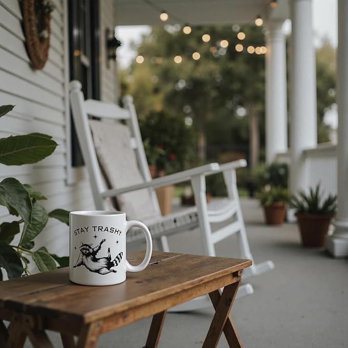 Funny Stay Trashy Raccoon Meme Mug 11 oz, Raccoon Lover Gifts Coffee Cups Ceramic, Humorous Trash Panda Ceramic Mug for Coffee Tea Hot Cocoa Home Office Work