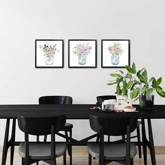 LyerArtork 3 Piece Flowers Wall Art Canvas Prints Butterfly Wildflowers in the Vase Floral Botanical Watercolour Painting Rustic Wall Decor for Living Room Bedroom Black Framed 12x12inchx3