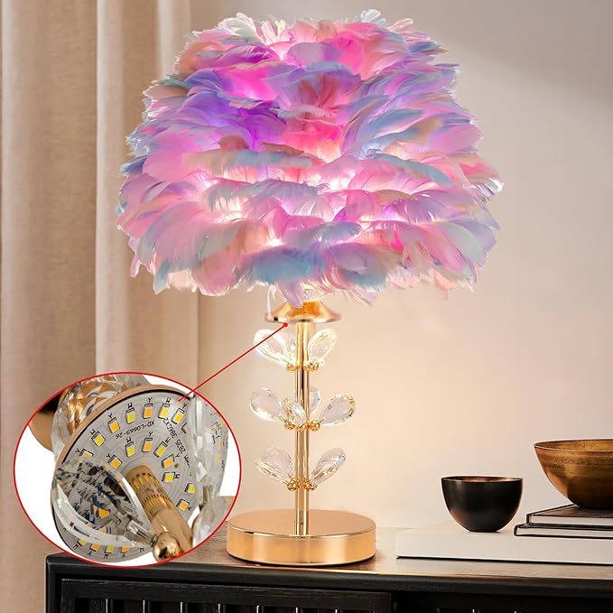 Colorful Feather Lamp Romantic Bedside Nightstand Lamp Creative FfluffyTable Lamp Modern Furry Desk Light for Princess Girls Bedroom Living Room Wedding Christmas Gift Deco Entry Office