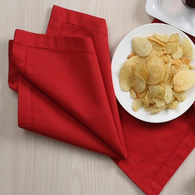 Lightnpro Hemstitched Cotton Napkins Set of 12 - Dinner Napkins, Washable Fabric Table Linens, Holiday, Christmas & Special Occasion Napkins, Elegant Cloth Napkins for Dining - 18x18 Inch Red