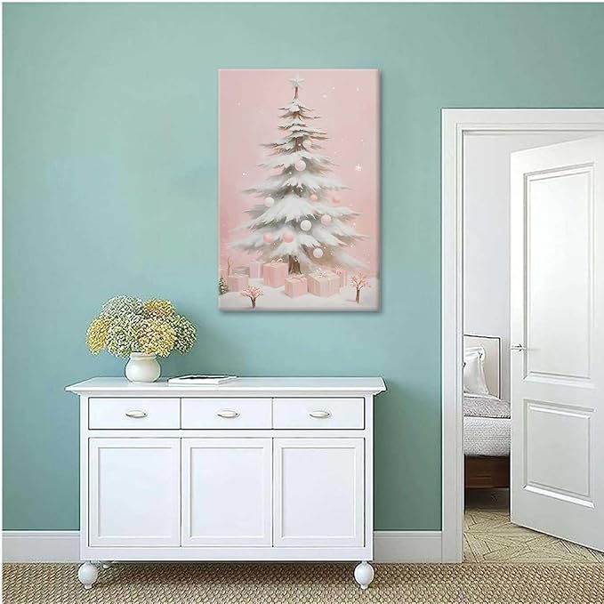 Canvas Wall Art Pink Christmas Tree Wall Art Print Holiday Poster Trendy Christmas Decor 28x40in-UnFramed
