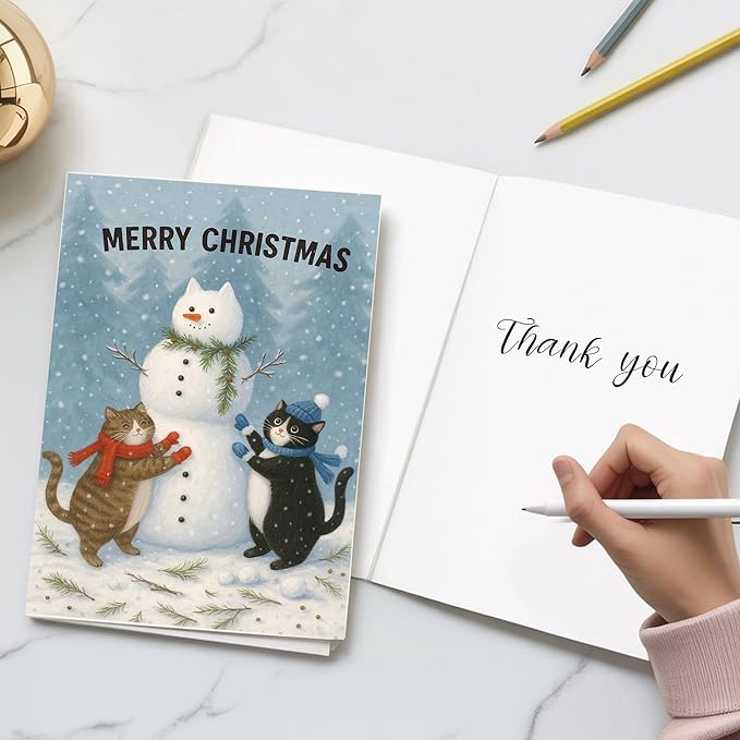 (5.3x8in) Merry Christmas Card with Envelope, Cute Cats Building Snowman Illustration, Cozy Winter Holiday Greeting for Friends, Family, Cat Lovers, and Animal Enthusiasts (Xmas 31)