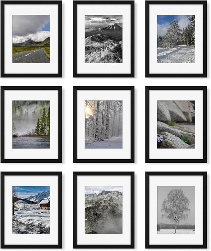 11x14 Picture Frame Set of 9, Photo Gallery Wall Frame Set, Display Pictures 8x10 with Mat or 11 x 14 Without Mat, Multi Photo Frames for Wall Mounting or Table Top Display, Black