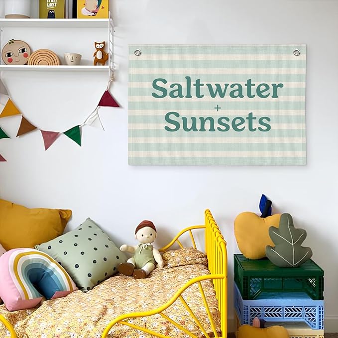 Beach Room Decor, Coastal Surf Banner, Saltwater Sunsets Linen Canvas Banner Wall Hanging Flag Decor for Toddler Boy Room Nursery Playroom