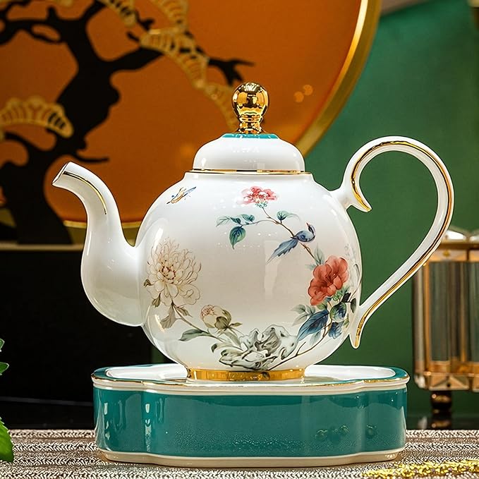 KAMMAK Tea Pot and Cups Set for Adults, Bone China Tea Cup and Saucer with Teapot, Porcelain Coffee Cups and Pot, Teapot with Tray and Gift Box for Latte, Afternoon Tea Party