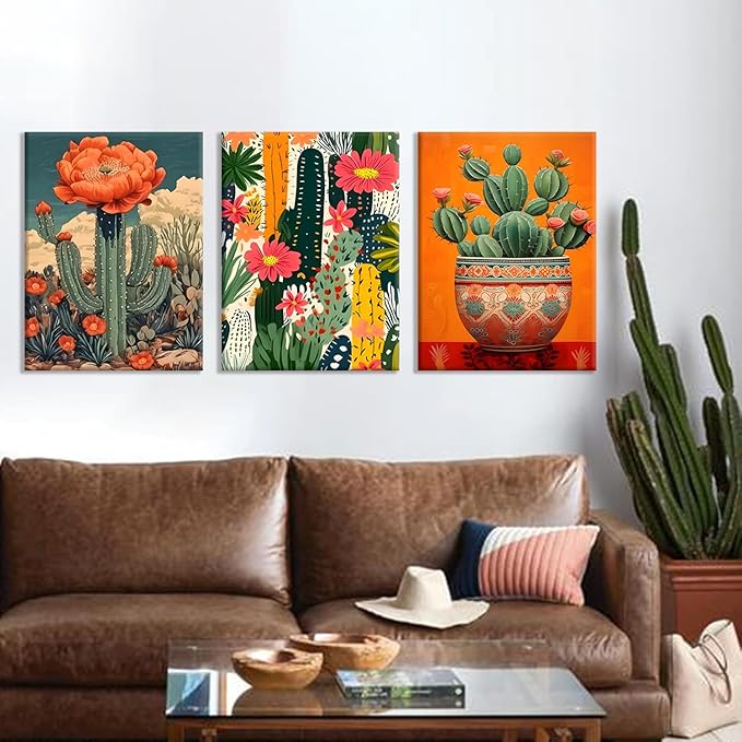 3Pcs Mexican Cactus Floral Wall Art Boho Southwest Succulent Wall Art Decor Tropical Botanical Cactus Desert Art Painting Picture for Bathroom Living Room Bedroom 12x16in Framed