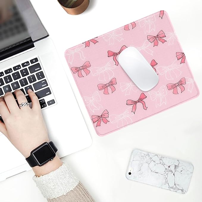Seorsok Square White Line Drawing-Bows and Abstract Bows Mouse Mat,Premium Textured Mouse Pads for Office Laptop,Washable Square Mousepads with Extended Stitched Edges Non Slip Rubber Base,Pink