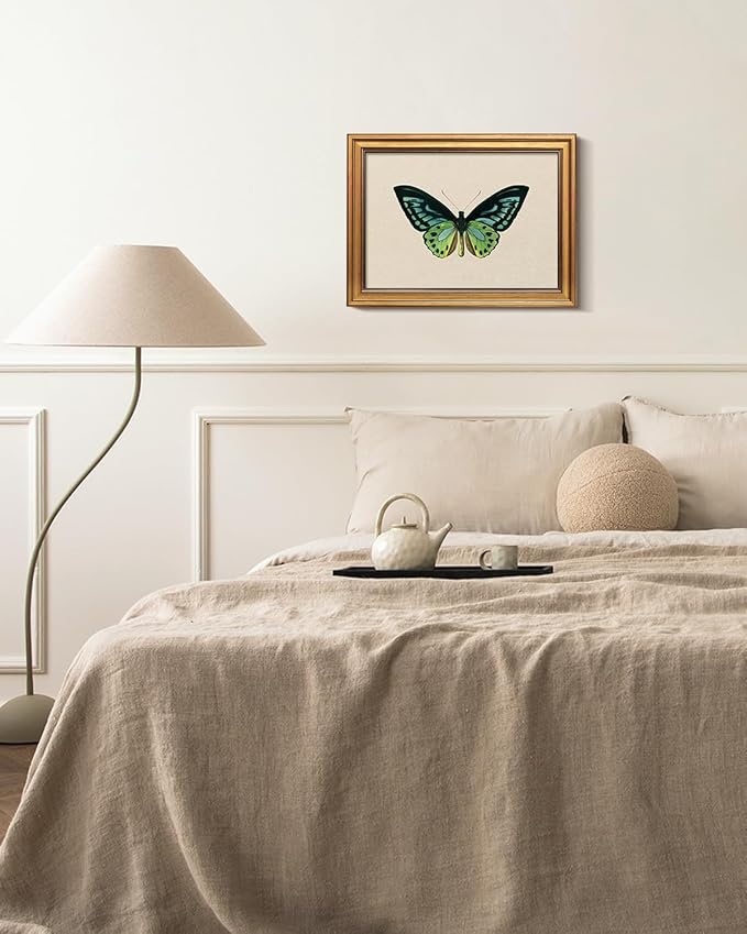 Bzstyleart Vintage Wall Art Decor,Vintage Gold Framed Wall Art,Green Butterfly Frmaed Artwork for Office,Aesthetic Canvas Picture Print,Painting for Bedroom Living Bathroom,Halloween Pictures Framed,12 x 16 Inch