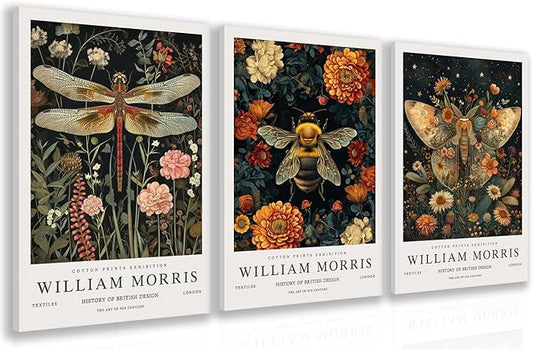 Hianan William Morris Animal Botanical Inspired Canvas Wall Art, Vintage Dragonfly Bee Butterfly Poster Prints, Maximalist Nature Flower Aesthetic Pictures for Living Room Bedroom Framed 12"x16"x3