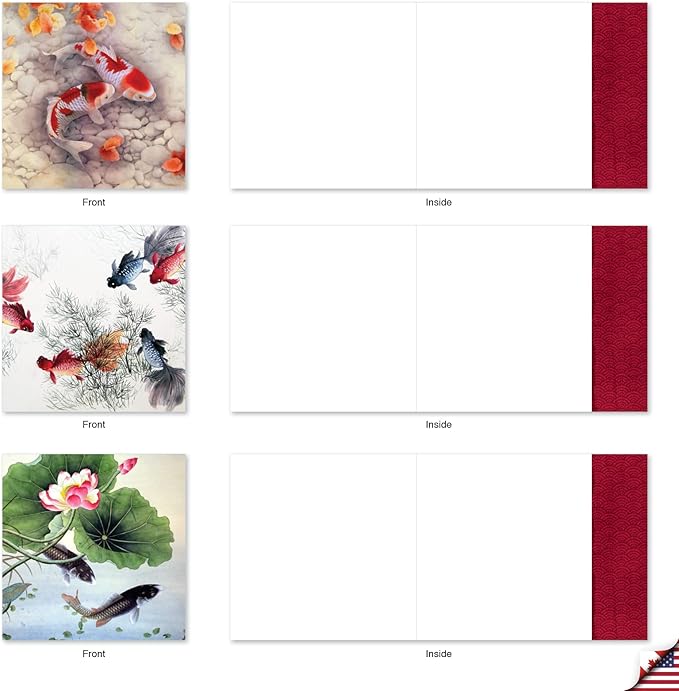 The Best Card Company - 10 All Occasion Blank Cards (4 x 5.12 Inch) - Nautical, Ocean, Sea Life Assortment of Notecards - On Goldfish Pond MQ4944OCB-B1x10