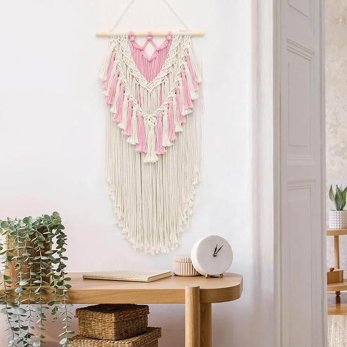 LB Pink Macrame Wall Hanging, Handmade Woven Tapestry Wall Hanging Modern Pink and Beige Wall Decor for Living Room Bohemian Macrame Wall Art for Office Apartment Bedroom Backdrop,15.7" W x 30.7" L