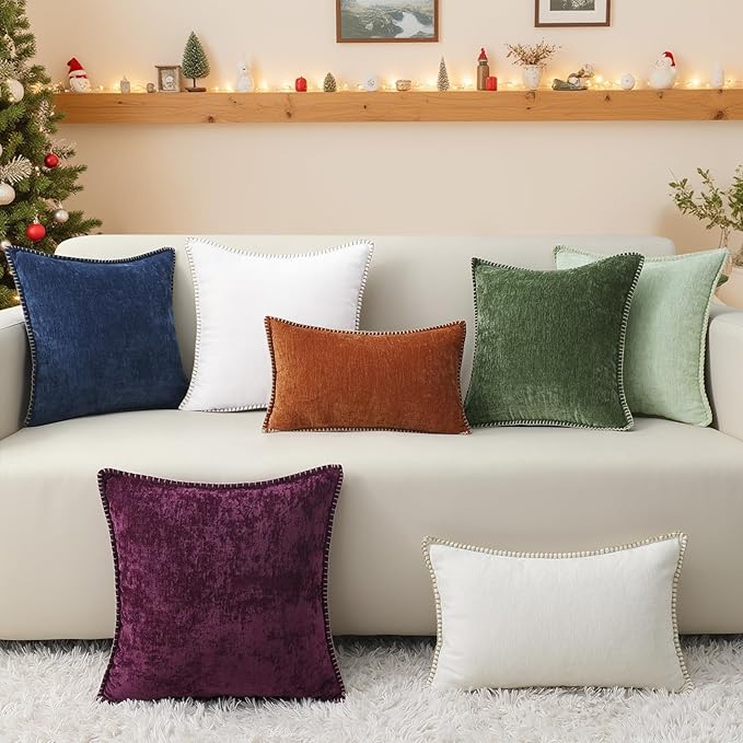 decorUhome Spring Chenille Soft Throw Pillow Covers 16x16 Set of 2, Farmhouse Velvet Neutral Decorative Pillow Covers with Stitched Edge for Couch Sofa Bed Home Decor, Rhododendron