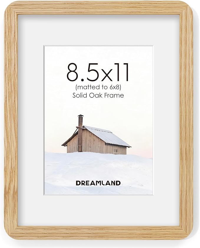 Dreamland 8.5x11 Picture Frame, Solid Oak Wood Photo Frame with Mat for 6x8, Round Corner 8.5 x 11 Matted Picture Frames with Resistant Plexiglass for Wall Mounting or Tabletop, Oak Color, Set of 1