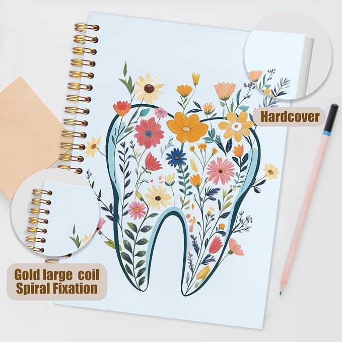 WUCHJ Dentist Gifts Notebook Journal, Dental Assistant Office Gifts for Women, Blue Floral Tooth Dental Spiral Notebook Journal for Note Taking, Dentist Office Supplies, 5.5x8.3 Inch