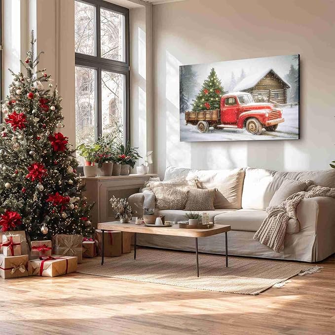 Red Truck Christmas Tree Vintage Holiday Wall Art Winter Snow Scene Poster Nostalgic Truck Canvas Print Indoor Decor for Home Living Room Bedroom Office Dining Room Farmhouse Framed Ready to Hang