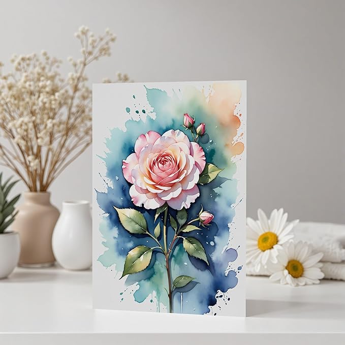 5x7 Blank Inside Card with Envelope, Elegant Watercolor Rose Blank Greeting Card for All Occasions – Birthday, Sympathy, Thank You - Single Card
