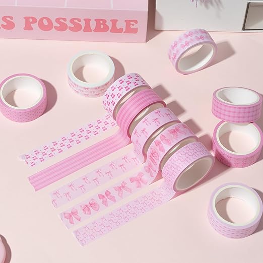 12pcs Coquette Pink Washi Tape, Trendy Watercolor Pink Bow Cherry Preppy Aesthetic Decorative Tape, Cute Bowknot Heart Buffalo Plaid Artistic Tape for DIY Craft Scrapbook Wrapping Decor