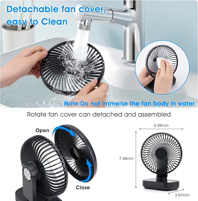 Oscillating Fan 5.1in Small Wall Mounted Oscillating Desk Fan Auto 90° Rotated Quiet 4 Speeds 4500mAh Rechargeable Battery Powered Cordless USB Fan for Indoor/Outdoor/Bedroom(Black)