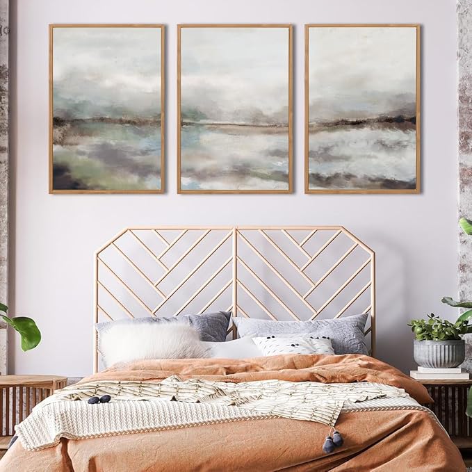 Large Abstract Neutral Wall Art Framed Modern Grey Artwork for Living Room Bedroom Bathroom Decor 16x24 Inch Set of 3