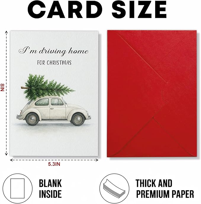 (5.3x8in) I’m Driving Home for Christmas Card with Envelope, Vintage Watercolor Car with Tree Design, Classic Holiday Greeting Card for Family, Friends, Couples, and Loved Ones (Xmas 29)