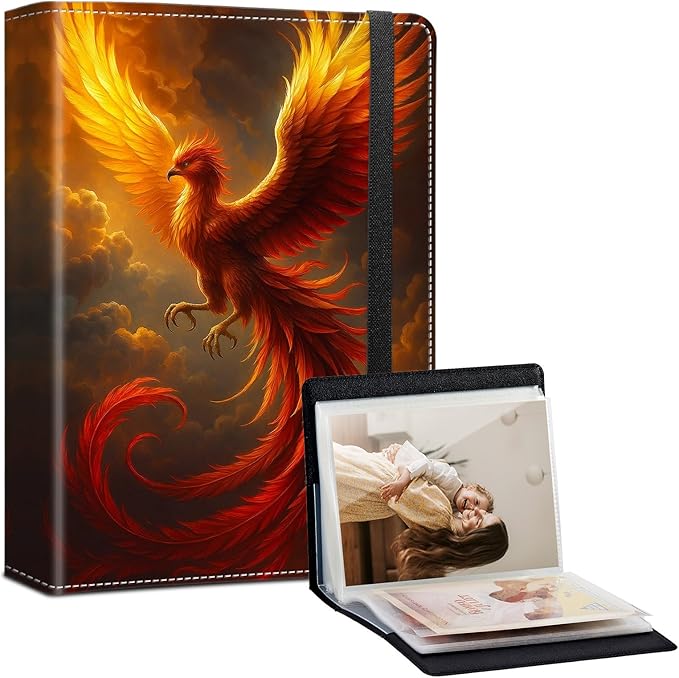 Photo Album 4x6-120 Photos Capacity,PU Leather Cover with Elastic Band,High Definition Waterproof PP Pages for Family Wedding Anniversary Baby Record,Phoenix Flame Bird