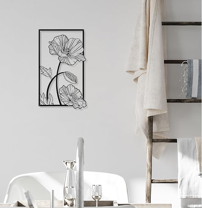 Therwen 3 Pcs Black Metal Wall Art Minimalist Wall Decor for Bedroom Flowers Decor Hanging Flower Bathroom Art Flower Line Sculpture Kitchen Decoration 16.5 x 9.8 Inch