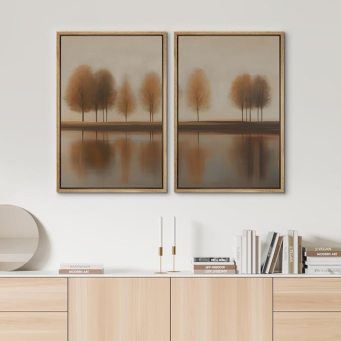 SIGNWIN Framed Canvas Print Wall Art Set Autumn Trees by The Lake Warm Brown Landscape Illustrations Modern Art Scenic Colorful for Living Room, Bedroom, Office - 24"x36"x2 Natural