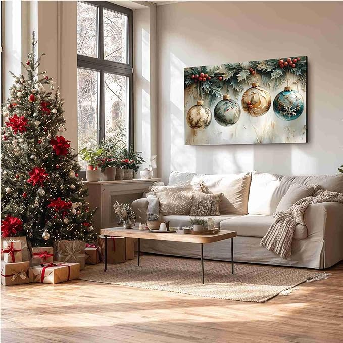Christmas Ornament Balls Holiday Ball Decor Festive Print Vintage Christmas Canvas Wall Art Hanging Poster Vintage Holiday Print Indoor Decor for Home Offices Living Room Bedroom Framed Ready to Hang