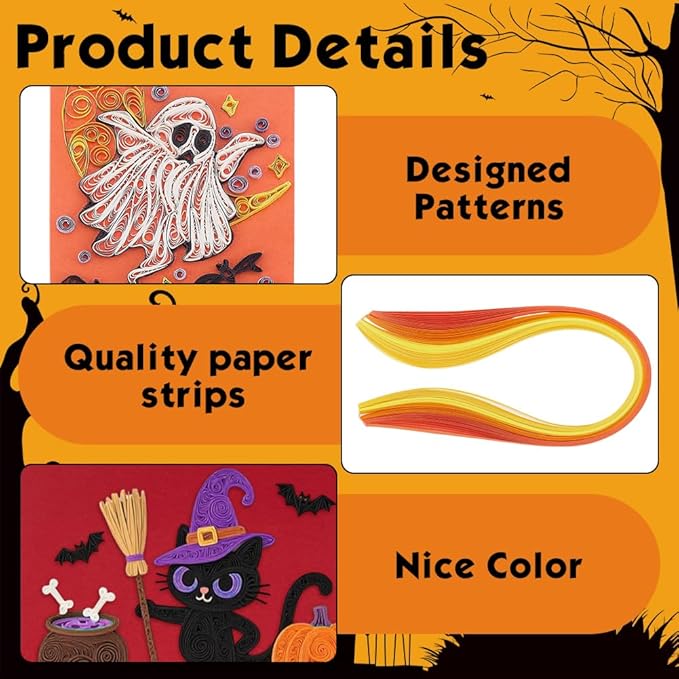 WEBEEDY 20 Sets Halloween Paper Quilling Kit for Adult Beginner 5 Styles Witches Pumpkins Ghosts Bats Black Cats Greeting Card Making Kit with Instruction Handmade Quilling Card for Halloween Decor