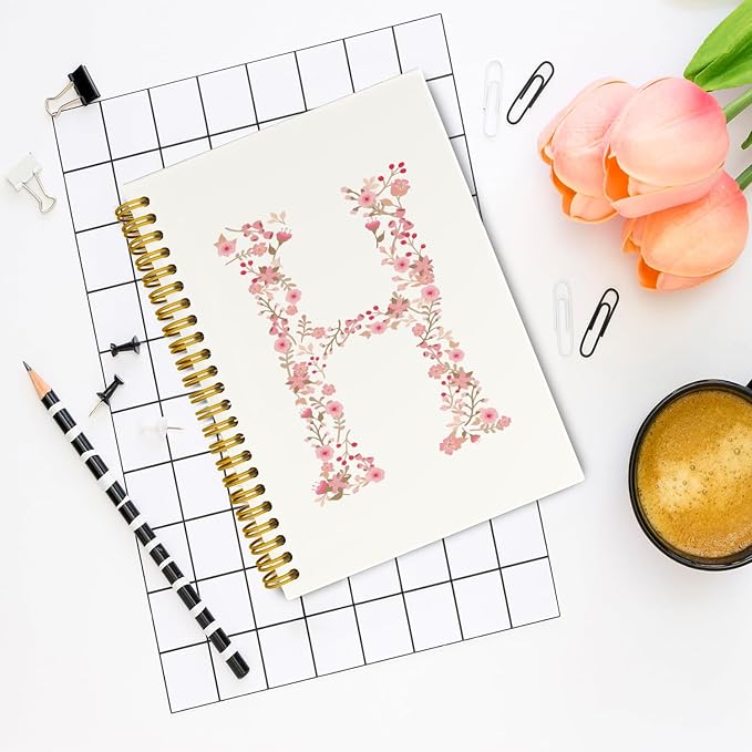 Pink Cute Spiral Notebook Journal, Preppy Floral Initial Letter H Personalized Journaling Notebooks, Monogrammed Gifts for Women Girls, Botanical Hardcover Spiral Lined Notebook 5.5 x 8.3