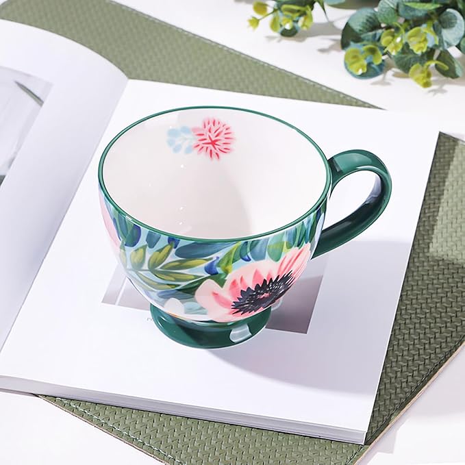 Autumn Handmade Large Ceramic Coffee Mug (20oz) Cute Cereal Vintage Flower Mugs Cozy Fall Gift Cup for Breakfast Oatmeal Tea & Hot Drinks with Floral Design