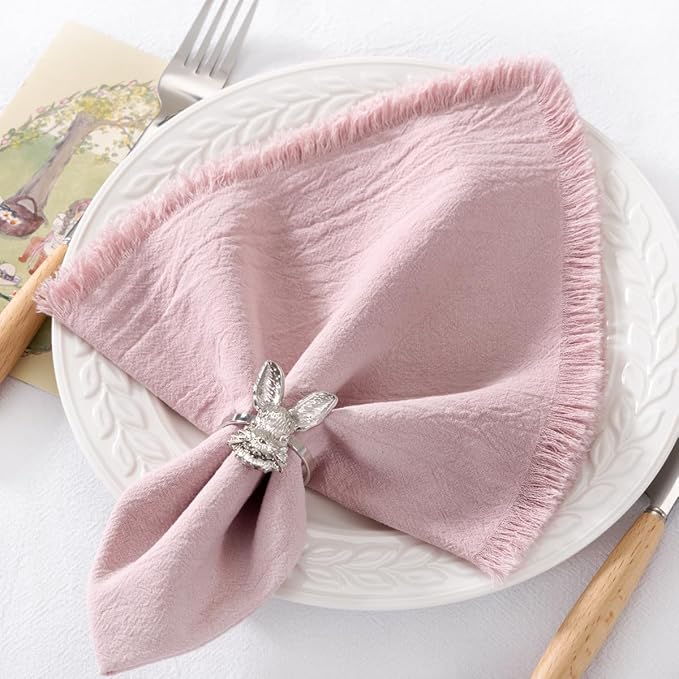 6 Pack Pink Cotton Linen Napkins with Fringe Spring Cloth Napkins Set of 6 Boho Handmade Dinner Napkins Bulk for Wedding Bridal Baby Shower Valentine's Day, 17 x 17 Inches