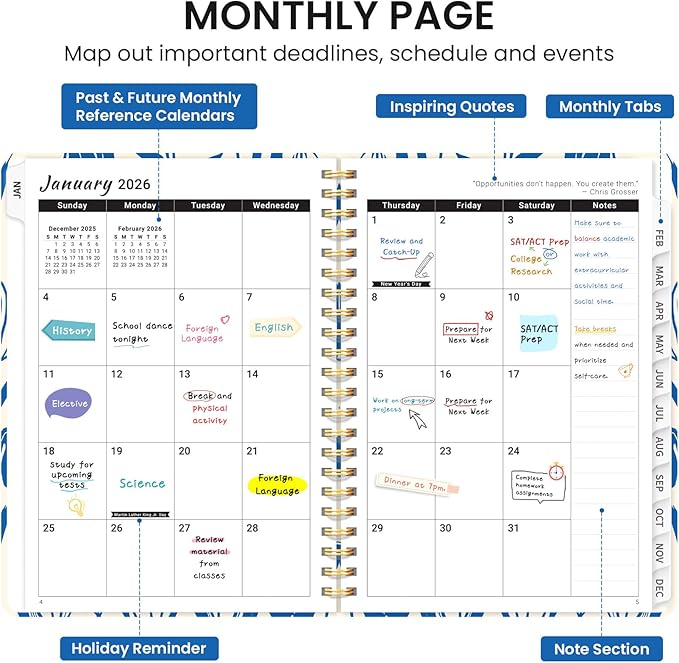 2026 Planner, Monthly and Weekly Calendar Planner for Women, Jan 2026 - Dec 2026, Hardcover Pretty 2026 Agenda Planner Book with Tabs, Spiral Bound, Perfect for School Office Home Supplies, 6.3" x 8.5" - Indigo Tulips