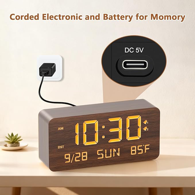 Wooden Digital Alarm Clock for Bedroom - Desk Clock with Date, Day of Week, Temperature, Dual Alarms, Dimmer, USB Port Charge, DST, Adjustable Volume for Living Room/Office Wood Decor (Brown)