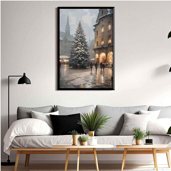 Framed Canvas Wall Art Vintage Christmas Tree Print Moody Winter Wall Art Farmhouse Christmas Decor 16x24in Metal blackFramed