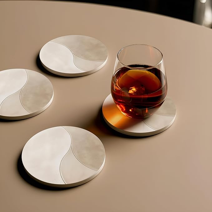 VEYRO Ceramic Coasters Set of 4 – Absorbent Stone Drink Coasters with Holder, Non-Slip Cork Backing, Modern Marble Look Coasters for Coffee Table, Desk & Home Decor
