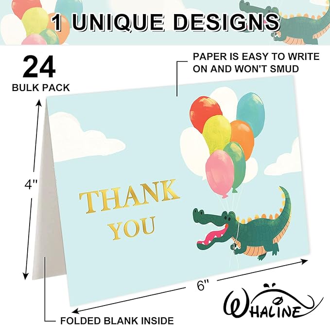 Whaline 24 Pack Alligator Birthday Thank You Cards Greeting Cards Gold Foil Blank Note Card with Envelopes Stickers for Boy Baby Shower Gender Reveal, 4 x 6 Inch