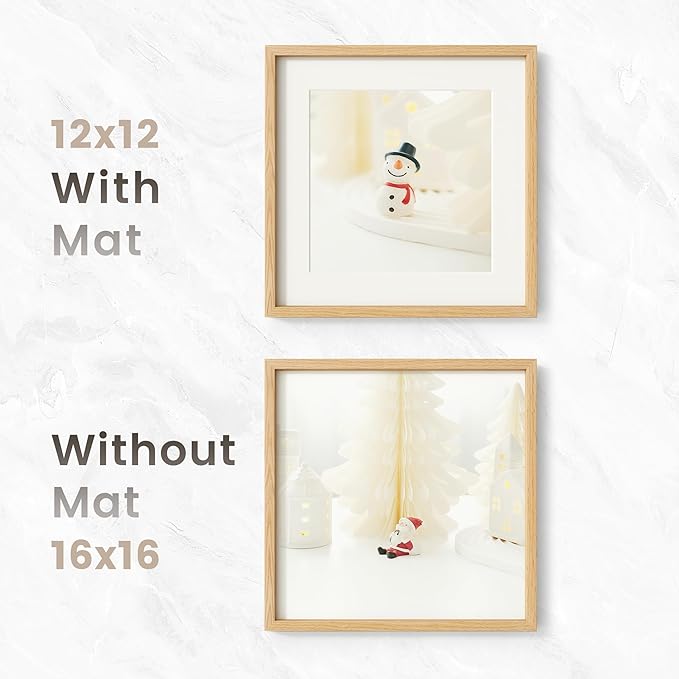 16x16 Picture Frame, USA-Sourced Natural Oak Wood Photo Collage Frame with HD Tempered Glass, Modern Simple 16 x 16 Wooden Frame Matted to 12x12, Gallery Wall Frames for Art