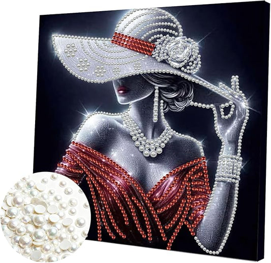 DIY Pearl Painting Kit with Wooden Frame, 3D Plastic Pearl Gemstone Ocean Art Craft for Adults Beginners, Diamond Art Kits for Adults, Home Wall Decor Ready Gift for Women(Woman in Red Dress)(30*30cm)