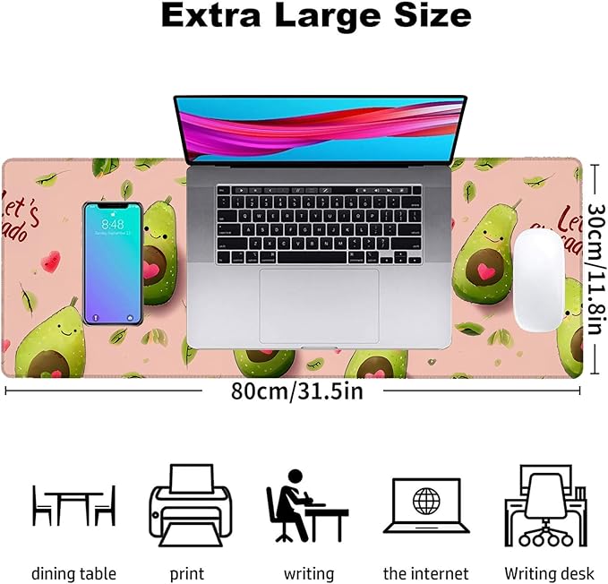Avocado Gaming Mouse Pad, Office Desk Mat, Anti-Slip Rubber Base Cool Aesthetic Mouse Pads for Computer Laptop Keyboard School Home Desktop Gamer Home Accessories Decor 31.5" x 11.8"