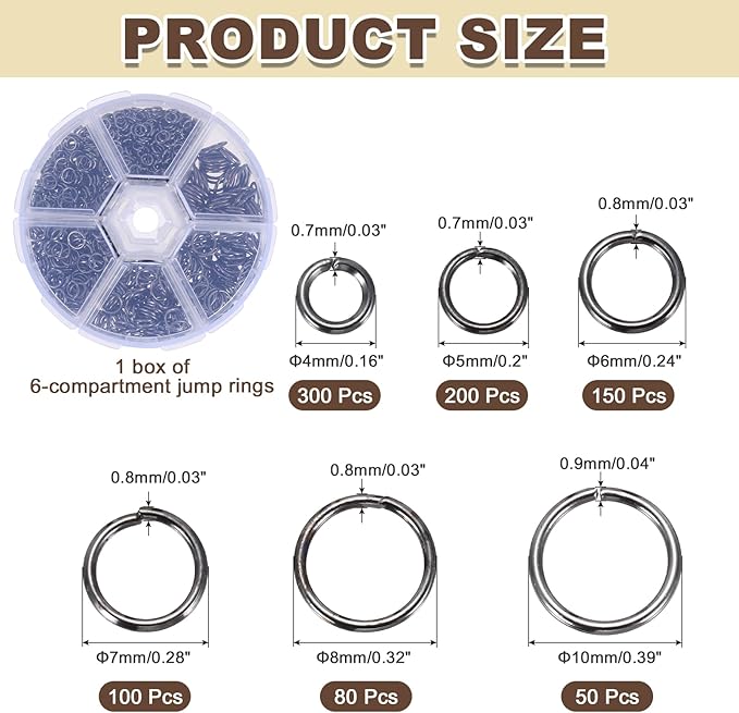 MECCANIXITY Jump Rings for Jewelry Making, 6 Sizes Alloy Open Jump Rings for Keychains Earings DIY Craft(Black, 880Pcs)