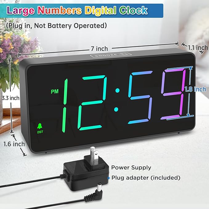 Peakeep Digital Alarm Clock for Bedroom Bedside, Extra Loud for Heavy Sleepers Adults, Large RGB Color Changing Colorful LED Big Numbers, Battery Backup Plug in Electric Clock with USB Charger